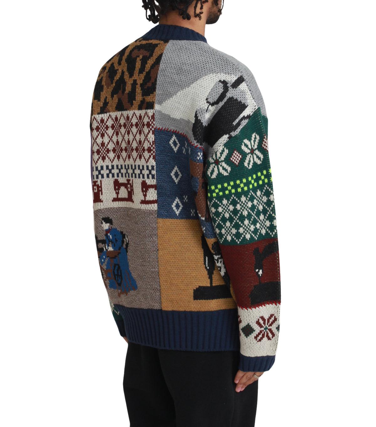 Kapital 5G Wool Kurogane Mishin Patchwork Crew Sweater Navy - Image 3